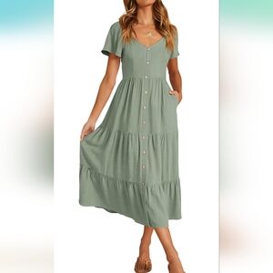 Green Short Sleeve Linen Dress